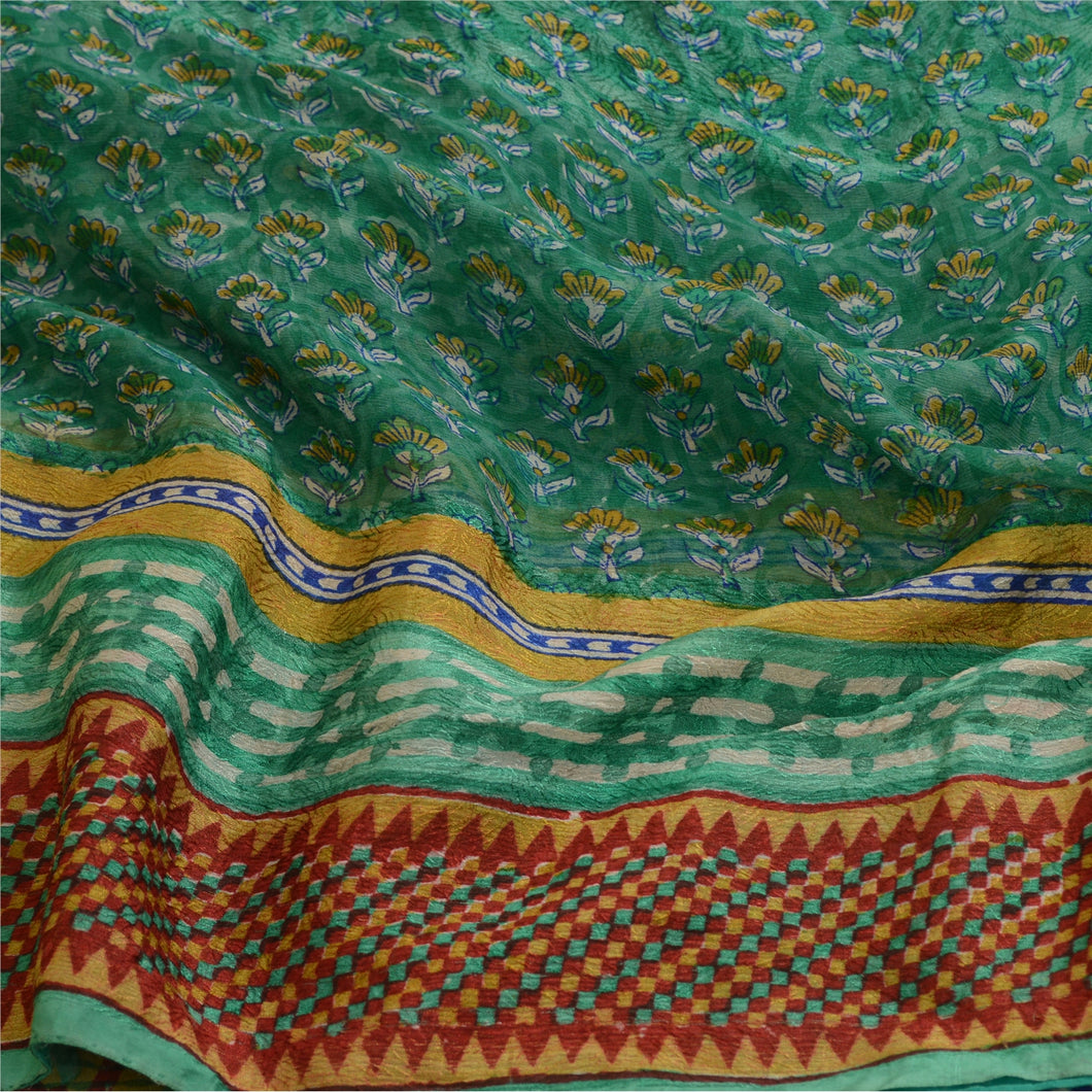 Sanskriti Vintage Sarees Green Block Printed Pure Chiffon Silk Sari Craft Fabric