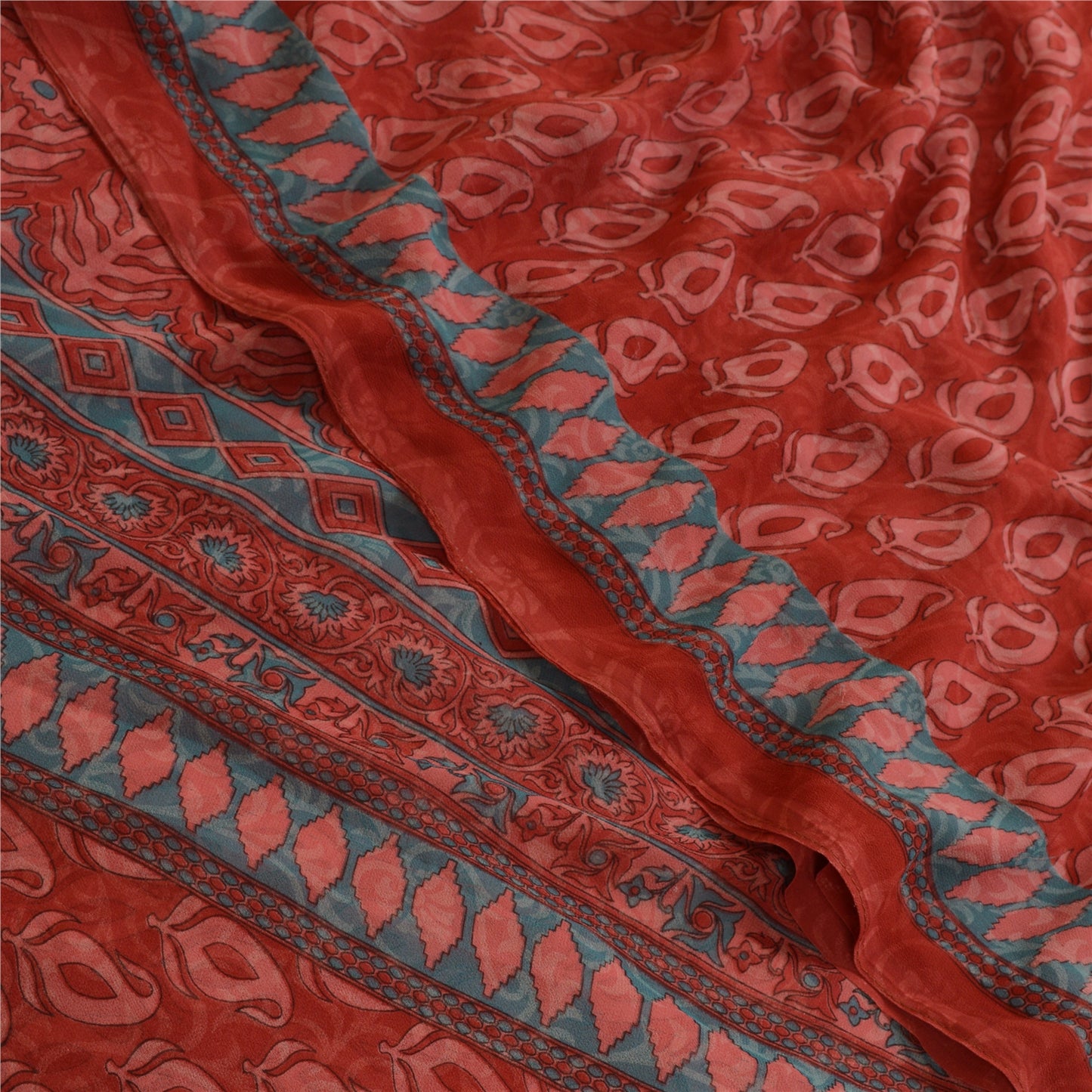 Sanskriti Vintage Sarees From India Red Printed Georgette Sari 5yd Craft Sustainable Fabric