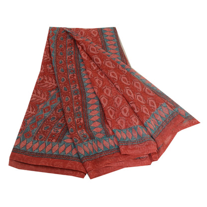 Sanskriti Vintage Sarees From India Red Printed Georgette Sari 5yd Craft Sustainable Fabric