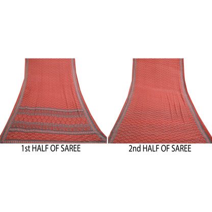 Sanskriti Vintage Sarees From India Red Printed Georgette Sari 5yd Craft Sustainable Fabric