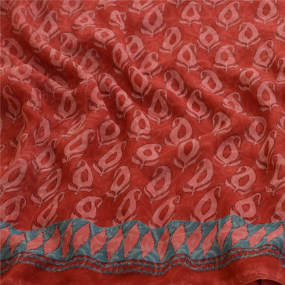 Sanskriti Vintage Sarees From India Red Printed Georgette Sari 5yd Craft Sustainable Fabric