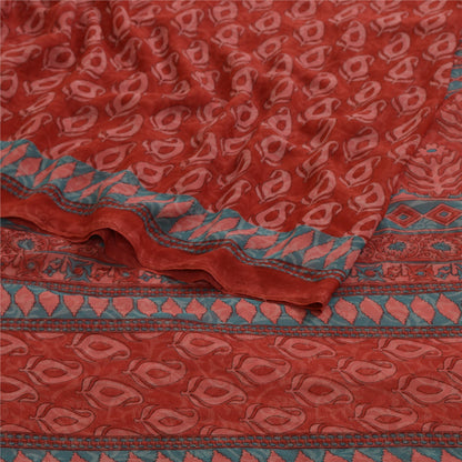 Sanskriti Vintage Sarees From India Red Printed Georgette Sari 5yd Craft Sustainable Fabric