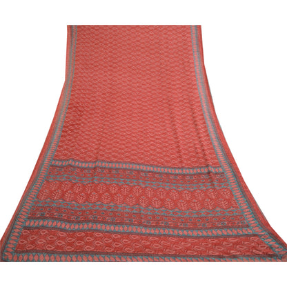 Sanskriti Vintage Sarees From India Red Printed Georgette Sari 5yd Craft Sustainable Fabric