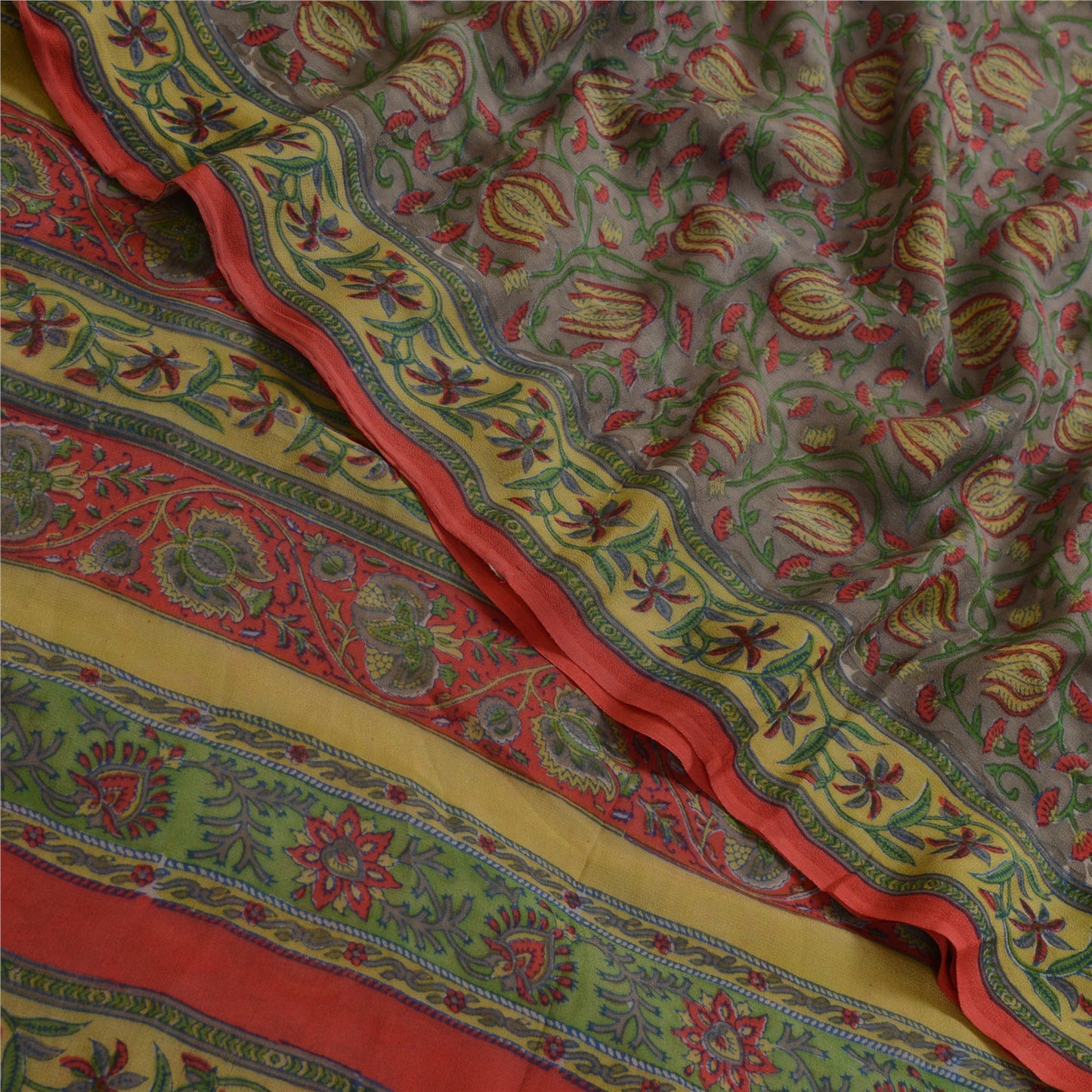 Sanskriti Vintage Sarees Gray Pure Georgette Silk Printed Sari 5yd Craft Sustainable Fabric