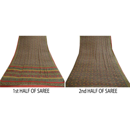 Sanskriti Vintage Sarees Gray Pure Georgette Silk Printed Sari 5yd Craft Sustainable Fabric