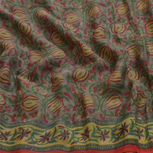 Sanskriti Vintage Sarier Grå Ren Georgette Silke Trykt Sari 5yd Håndværk Bæredygtigt Stoff