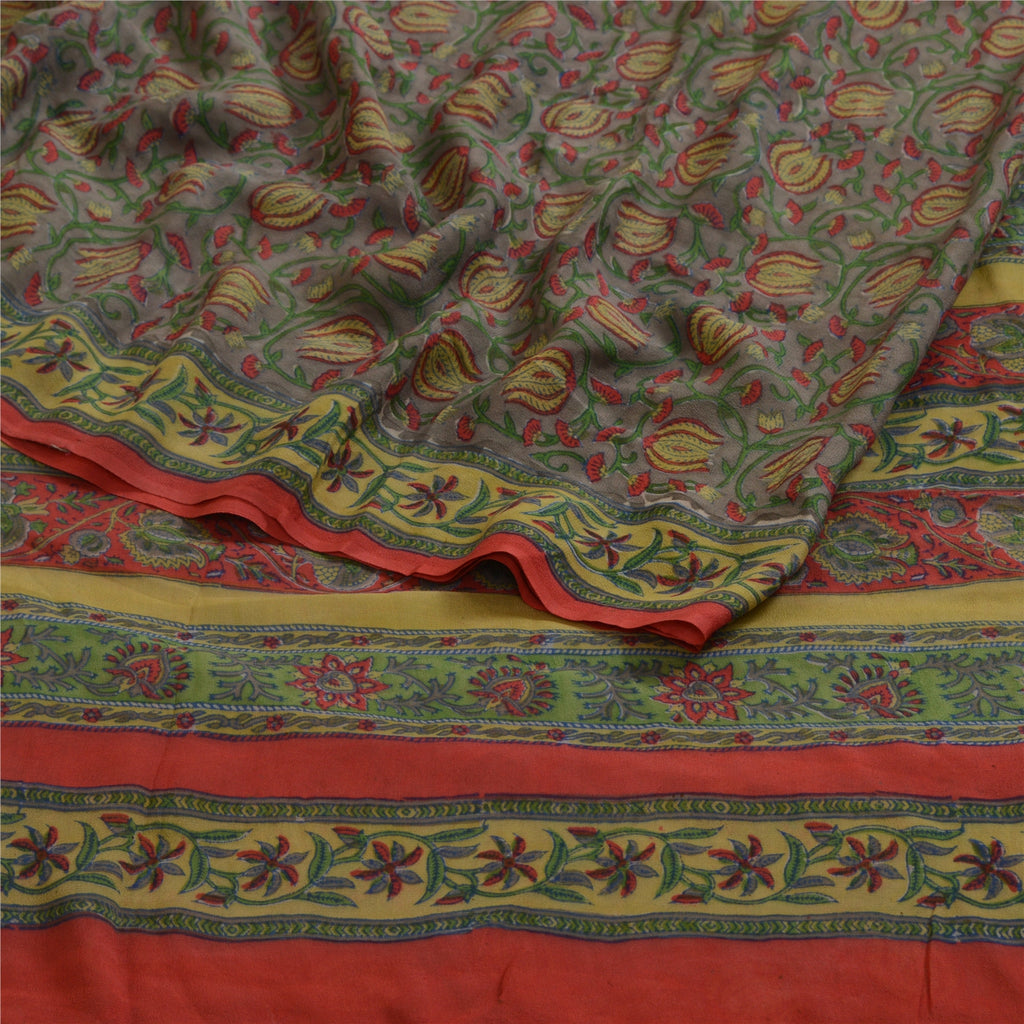 Sanskriti Vintage Sarees Gray Pure Georgette Silk Printed Sari 5yd Craft Sustainable Fabric