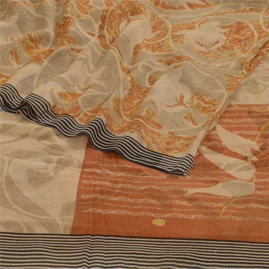 Sanskriti Vintage Sarees Brown Pure Georgette Silk Printed Sari 5yd Craft Sustainable Fabric