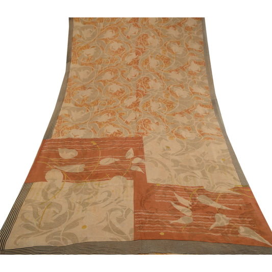 Sanskriti Vintage Sarees Brown Pure Georgette Silk Printed Sari 5yd Craft Sustainable Fabric
