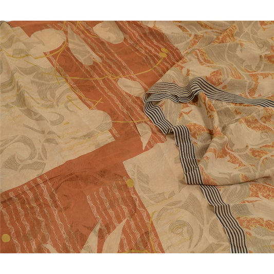 Sanskriti Vintage Sarees Brown Pure Georgette Silk Printed Sari 5yd Craft Sustainable Fabric