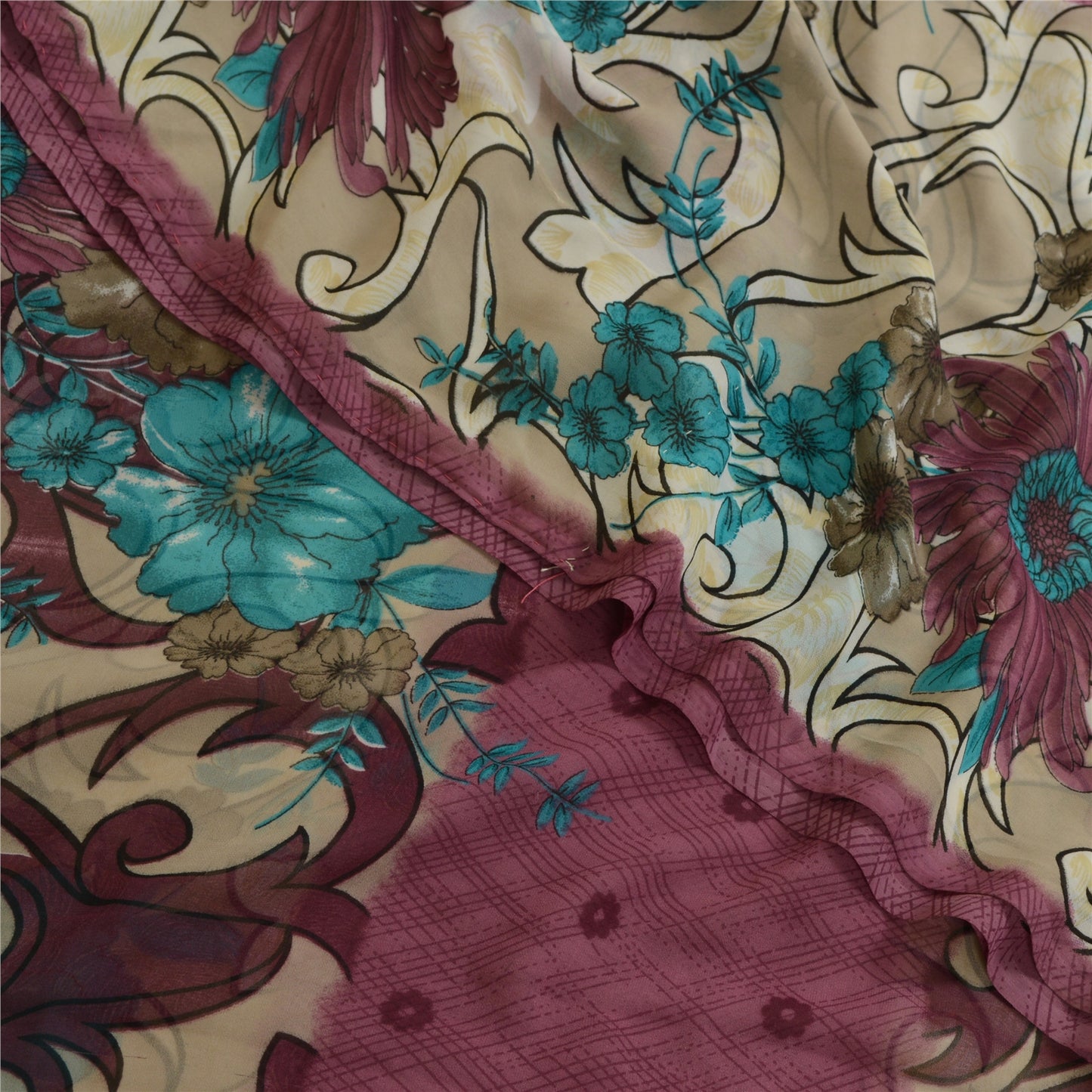 Sanskriti Vintage Sarees Indian Cream/Purple Georgette Printed Sari Craft Sustainable Fabric