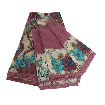Sanskriti Vintage Sarees Indian Cream/Purple Georgette Printed Sari Craft Sustainable Fabric