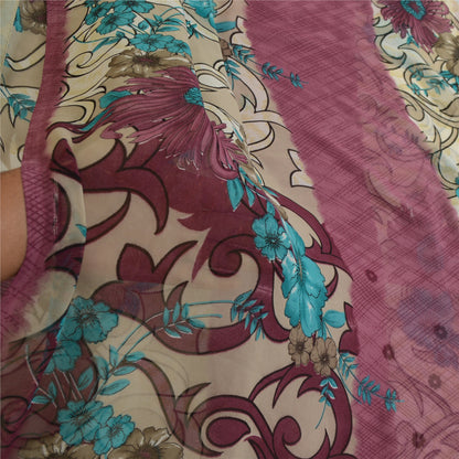 Sanskriti Vintage Sarees Indian Cream/Purple Georgette Printed Sari Craft Sustainable Fabric