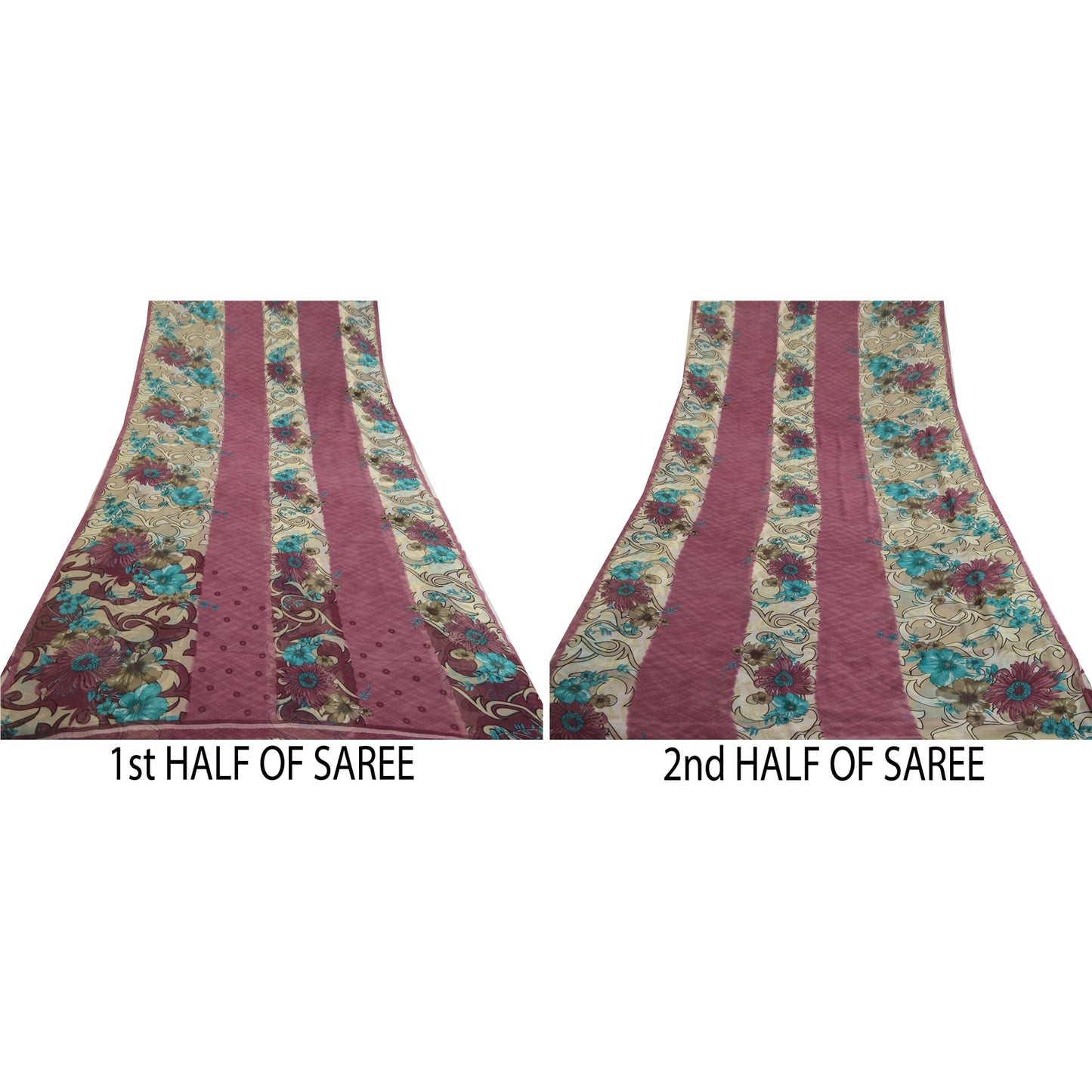 Sanskriti Vintage Sarees Indian Cream/Purple Georgette Printed Sari Craft Sustainable Fabric