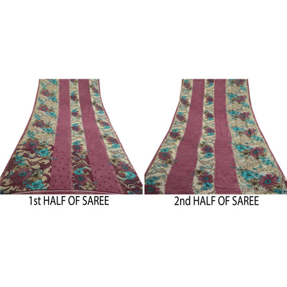 Sanskriti Vintage Sarees Indian Cream/Purple Georgette Printed Sari Craft Sustainable Fabric