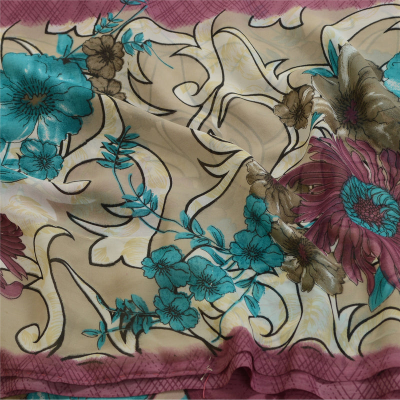 Sanskriti Vintage Sarees Indisk Cremefarvet/Lilla Georgette Trykt Sari Håndværksmæssigt Bæredygtigt Stoff