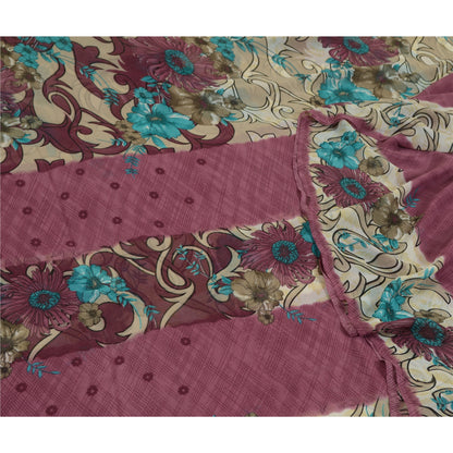 Sanskriti Vintage Sarees Indian Cream/Purple Georgette Printed Sari Craft Sustainable Fabric