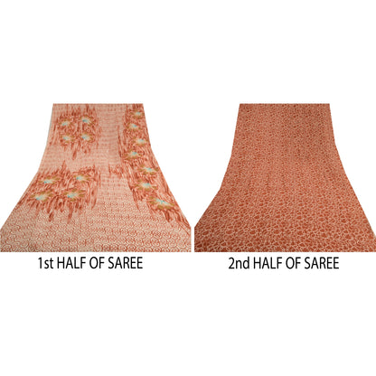 Sanskriti Vintage Sarees Brown Pure Georgette Silk Printed Sari 5yd Craft Sustainable Fabric