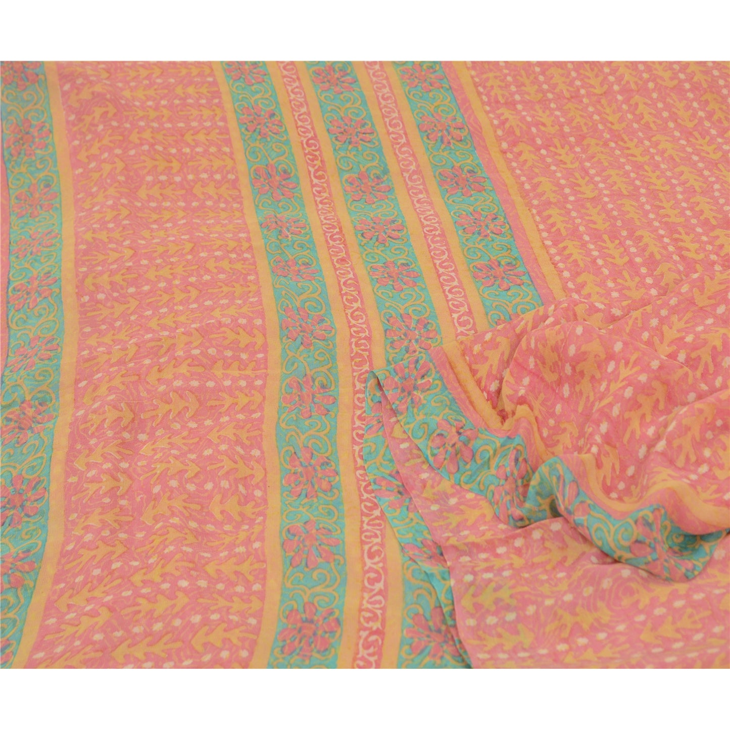 Санскрити Винтаж Сари Розовый Чистый Жоржет Шелк Печатный Сари 5 ярдов Ремесло Экологичная Ткань