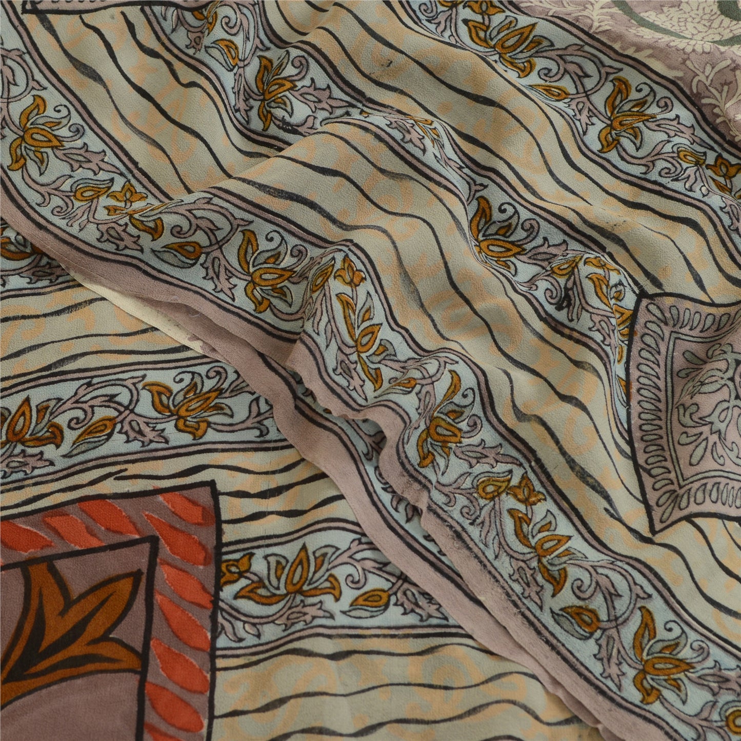 Sanskriti Vintage Sarees Gray 100% Pure Georgette Silk Printed Sari Craft Sustainable Fabric