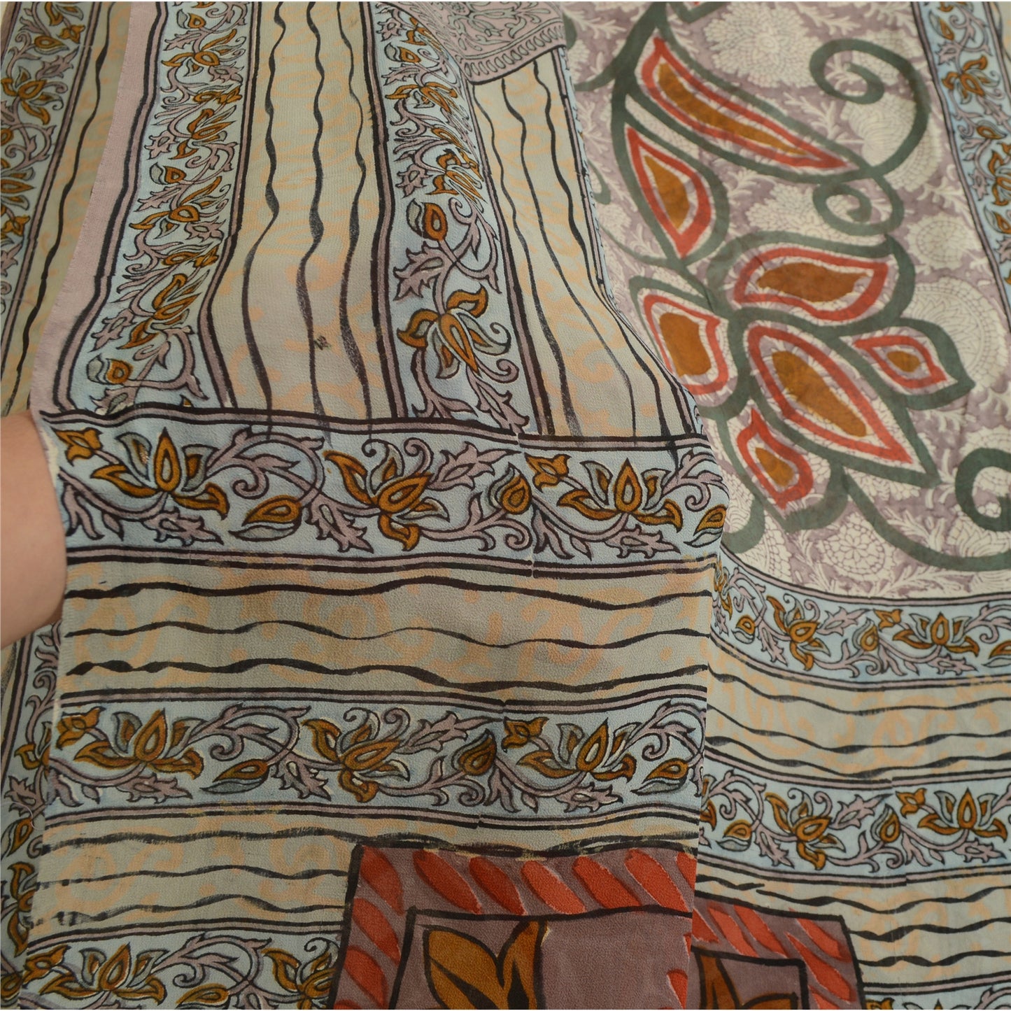 Sanskriti Vintage Sarees Gray 100% Pure Georgette Silk Printed Sari Craft Sustainable Fabric