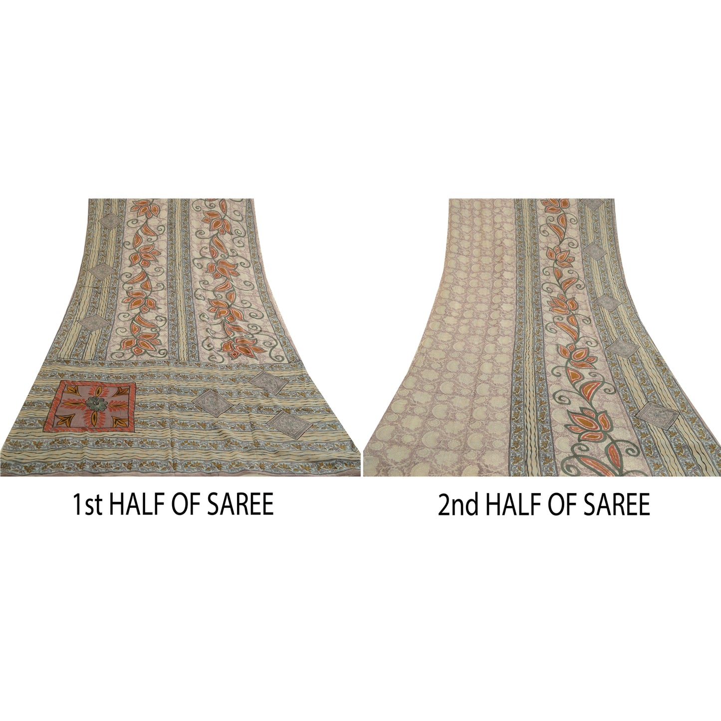 Sanskriti Vintage Sarees Gray 100% Pure Georgette Silk Printed Sari Craft Sustainable Fabric