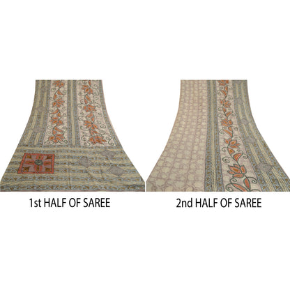 Sanskriti Vintage Sarees Gray 100% Pure Georgette Silk Printed Sari Craft Sustainable Fabric