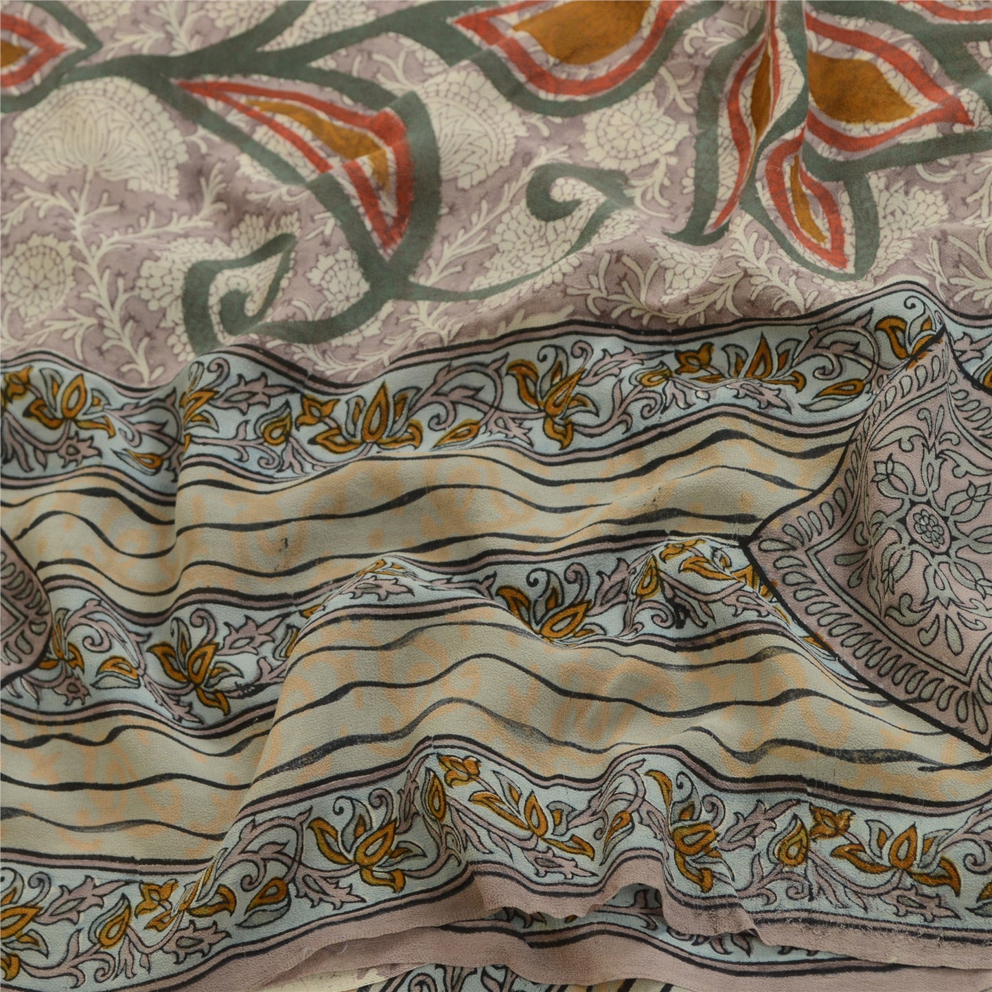 Sanskriti Vintage Sarees Gray 100% Pure Georgette Silk Printed Sari Craft Sustainable Fabric