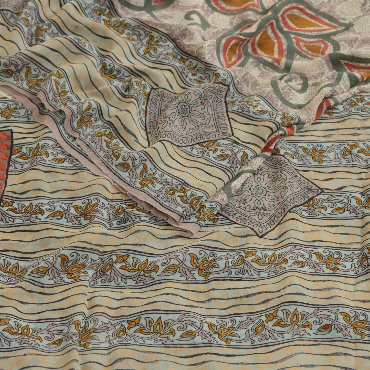 Sanskriti Vintage Sarees Gray 100% Pure Georgette Silk Printed Sari Craft Sustainable Fabric