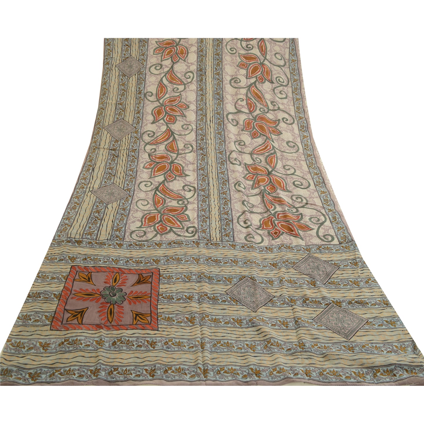 Sanskriti Vintage Sarees Gray 100% Pure Georgette Silk Printed Sari Craft Sustainable Fabric