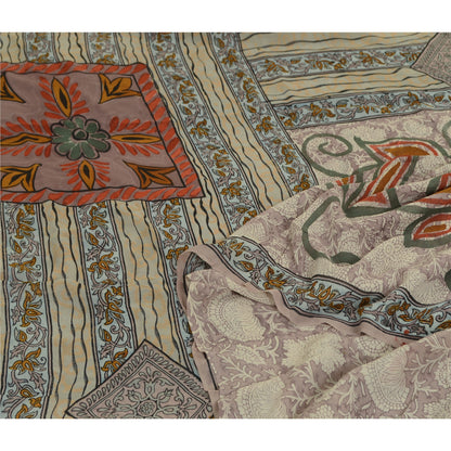 Sanskriti Vintage Sarees Gray 100% Pure Georgette Silk Printed Sari Craft Sustainable Fabric
