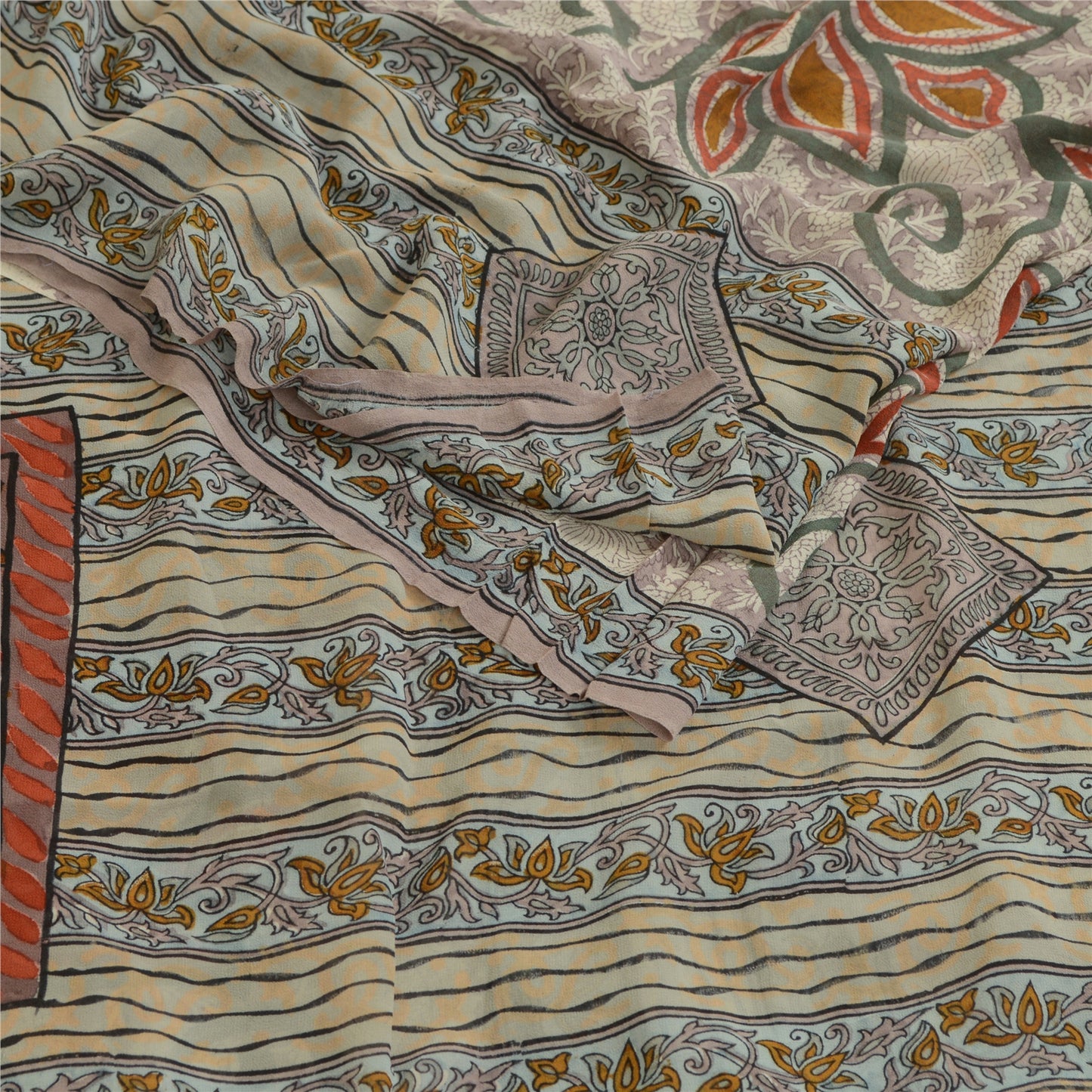 Sanskriti Vintage Sarees Gray 100% Pure Georgette Silk Printed Sari Craft Sustainable Fabric