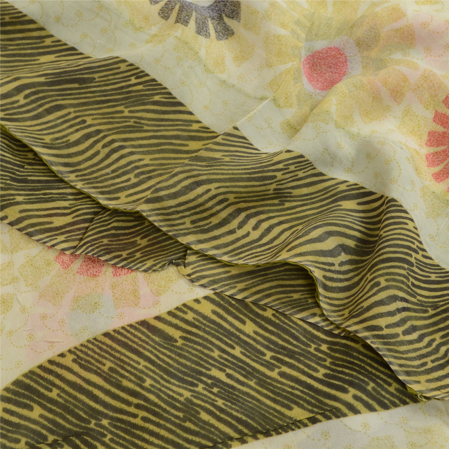 Sanskriti Vintage Sarees Ivory 100% Pure Georgette Silk Print Sari Craft Sustainable Fabric