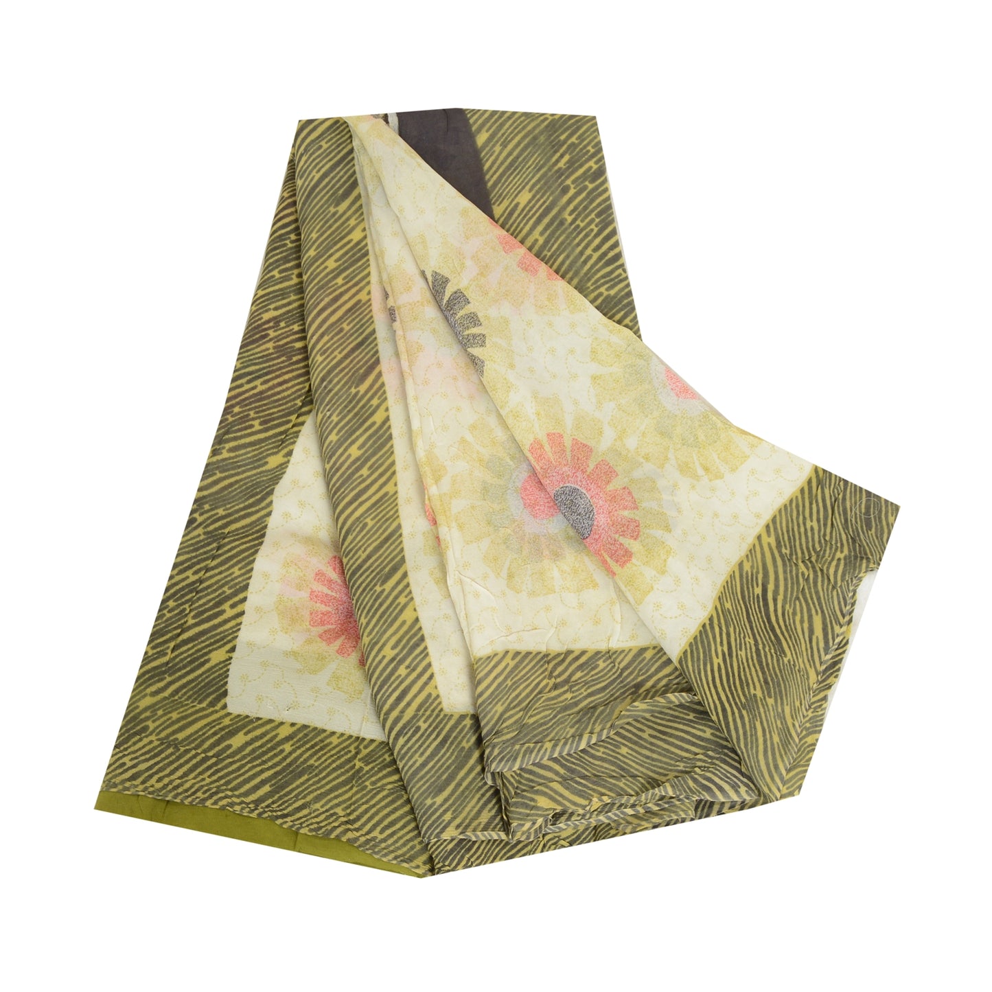 Sanskriti Vintage Sarees Ivory 100% Pure Georgette Silk Print Sari Craft Sustainable Fabric