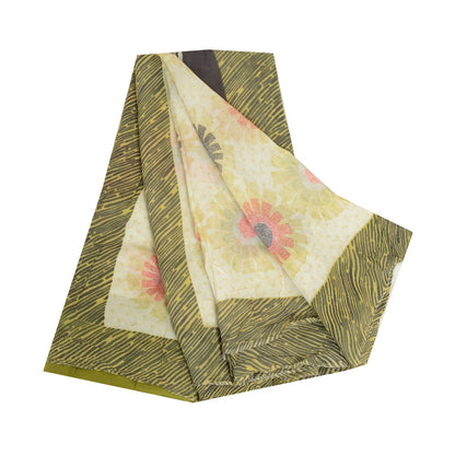 Sanskriti Vintage Sarees Ivory 100% Pure Georgette Silk Print Sari Craft Sustainable Fabric