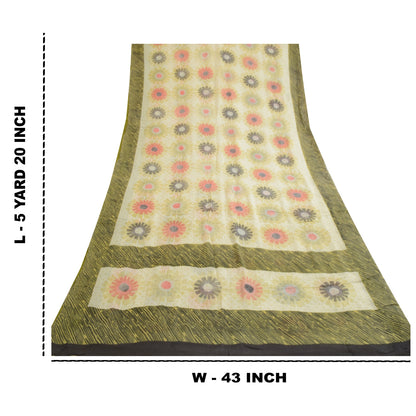 Sanskriti Vintage Sarees Ivory 100% Pure Georgette Silk Print Sari Craft Sustainable Fabric