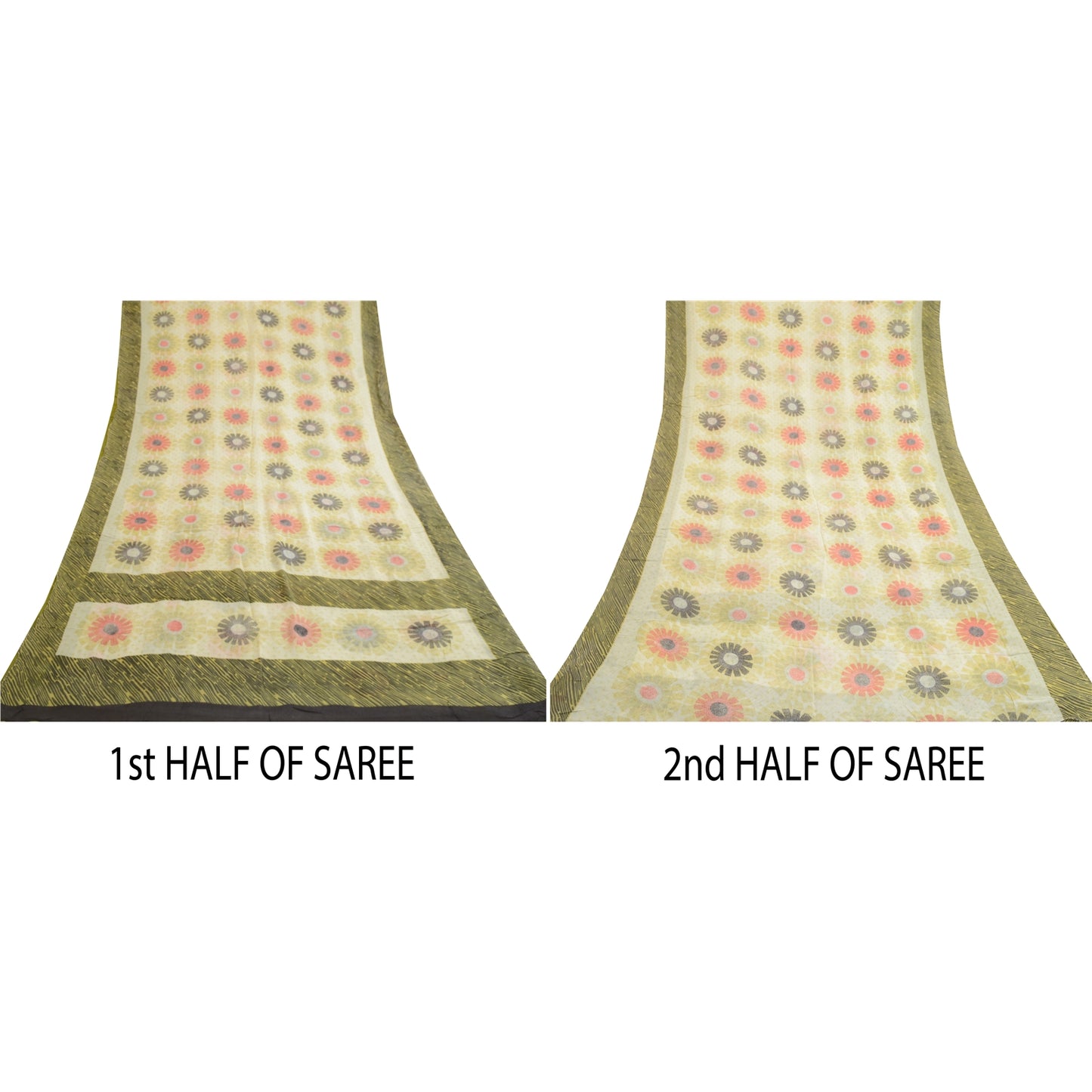 Sanskriti Vintage Sarees Ivory 100% Pure Georgette Silk Print Sari Craft Sustainable Fabric