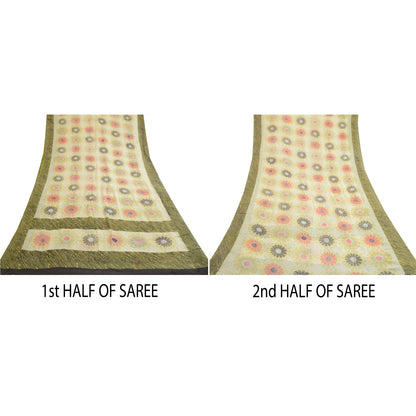 Sanskriti Vintage Sarees Ivory 100% Pure Georgette Silk Print Sari Craft Sustainable Fabric
