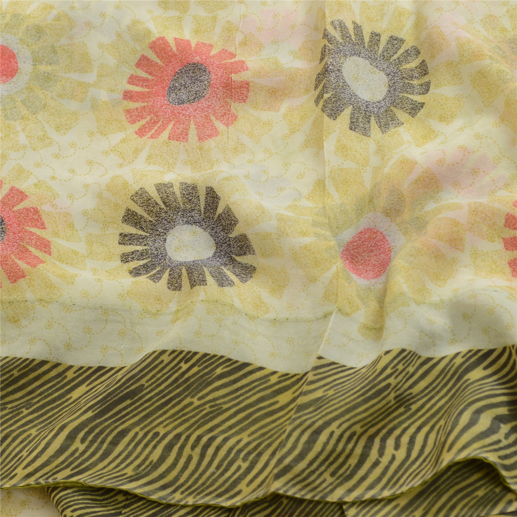 Sanskriti Vintage Sarees Ivory 100% Pure Georgette Silk Print Sari Craft Sustainable Fabric