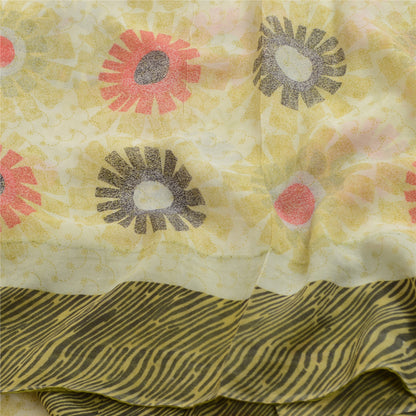 Sanskriti Vintage Sarees Ivory 100% Pure Georgette Silk Print Sari Craft Sustainable Fabric