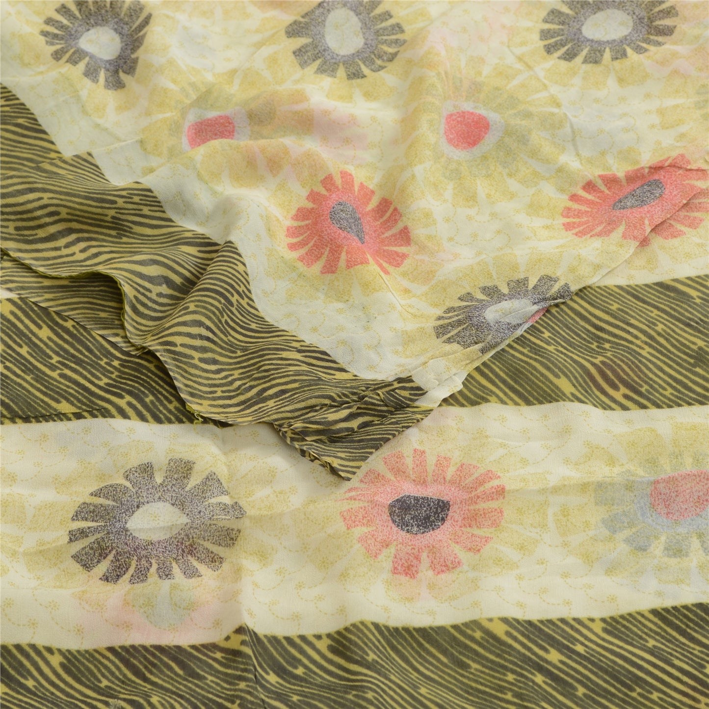 Sanskriti Vintage Sarees Ivory 100% Pure Georgette Silk Print Sari Craft Sustainable Fabric