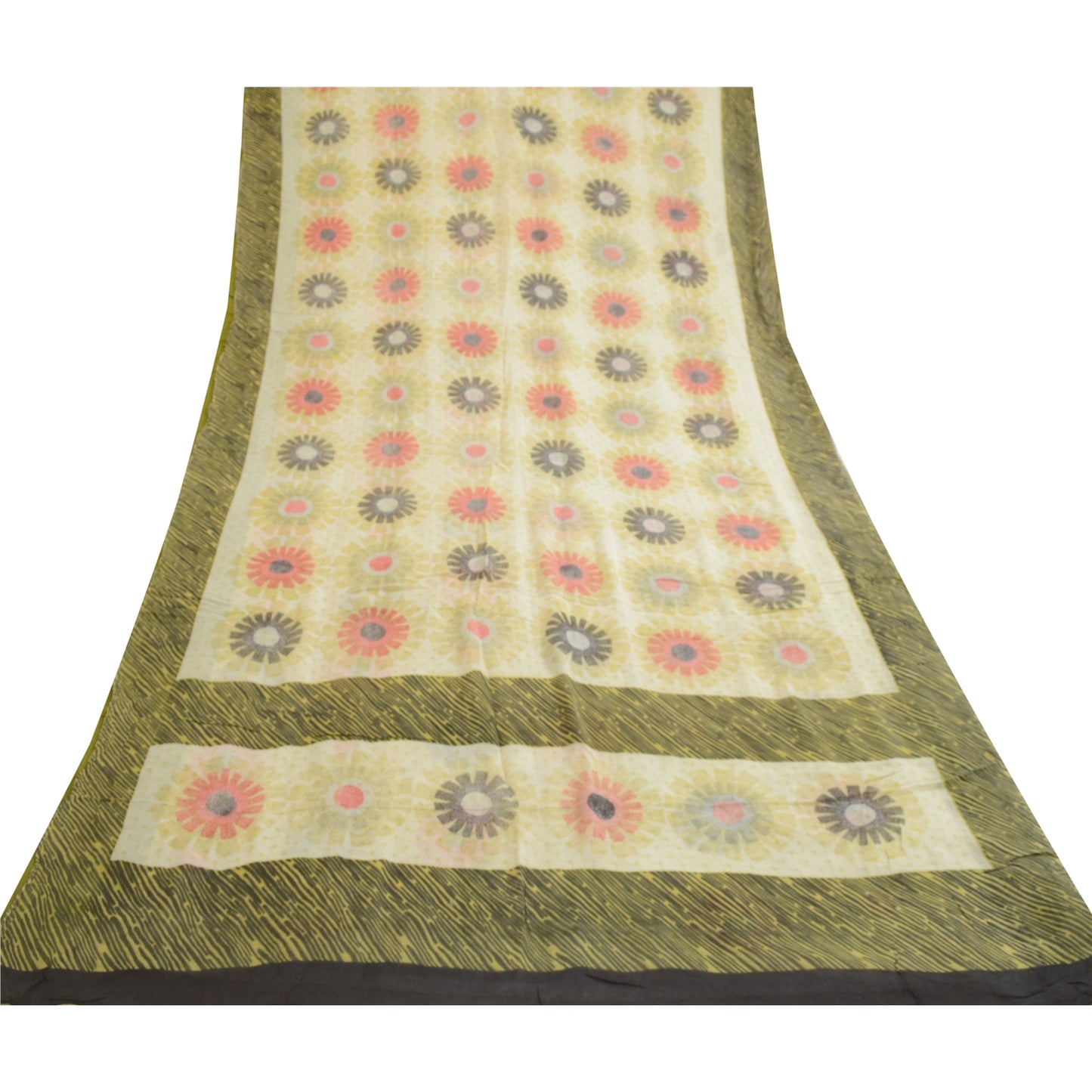 Sanskriti Vintage Sarees Ivory 100% Pure Georgette Silk Print Sari Craft Sustainable Fabric