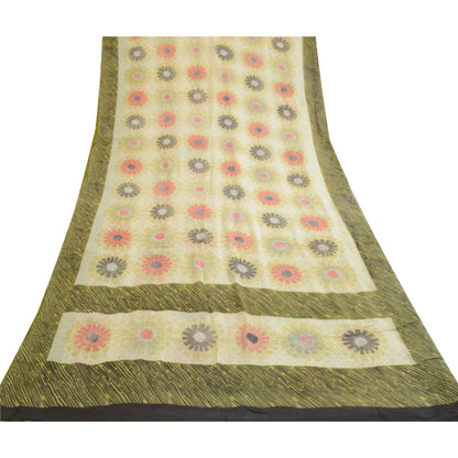 Sanskriti Vintage Sarees Ivory 100% Pure Georgette Silk Print Sari Craft Sustainable Fabric