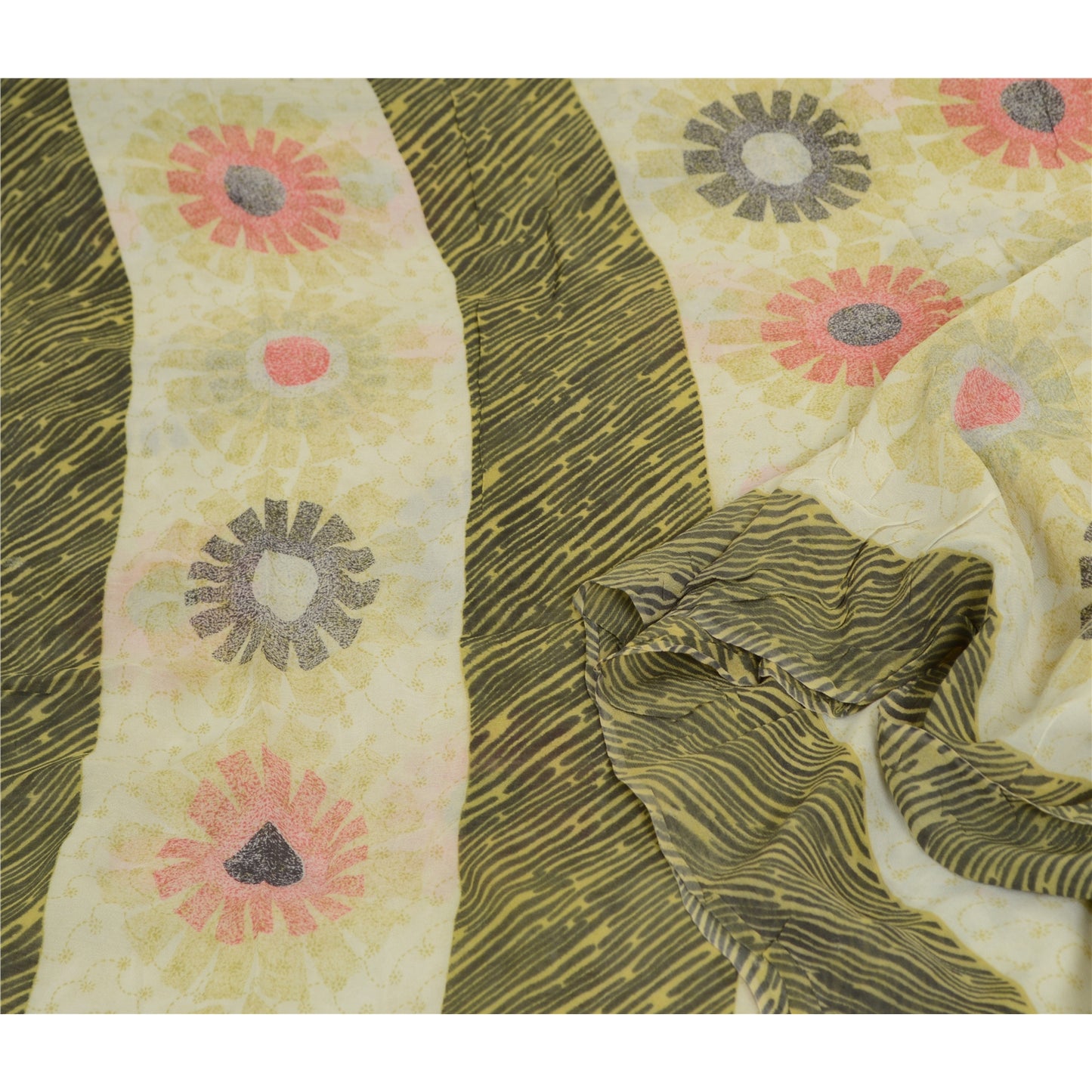 Sanskriti Vintage Sarees Ivory 100% Pure Georgette Silk Print Sari Craft Sustainable Fabric