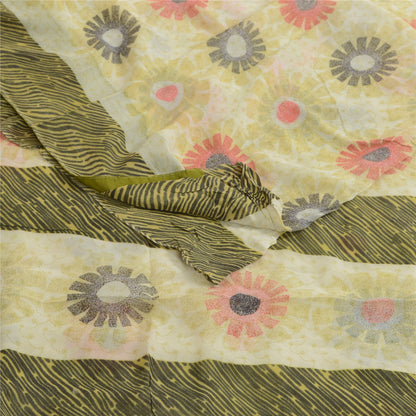 Sanskriti Vintage Sarees Ivory 100% Pure Georgette Silk Print Sari Craft Sustainable Fabric
