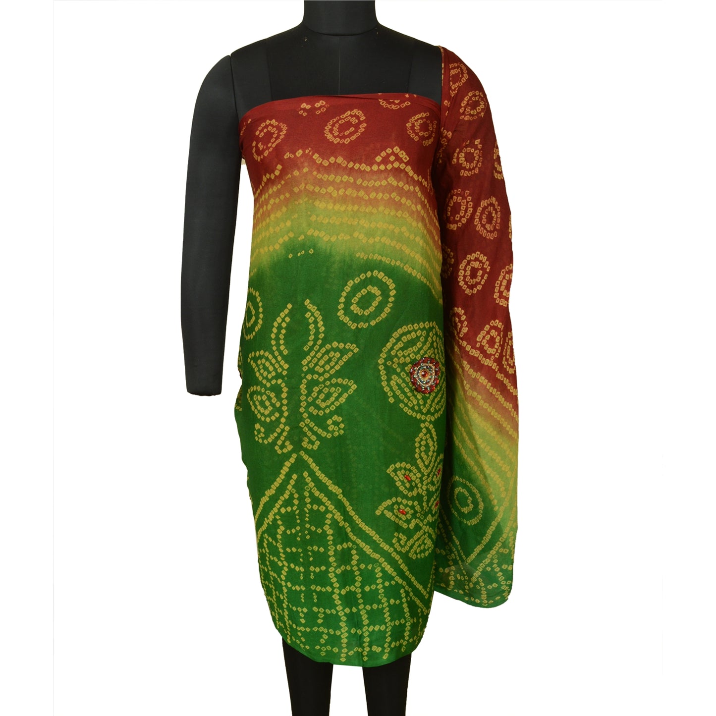 Sanskriti Vintage Sarees RedGreen Bandhani Print Pure Georgette Silk Sari Sustainable Fabric