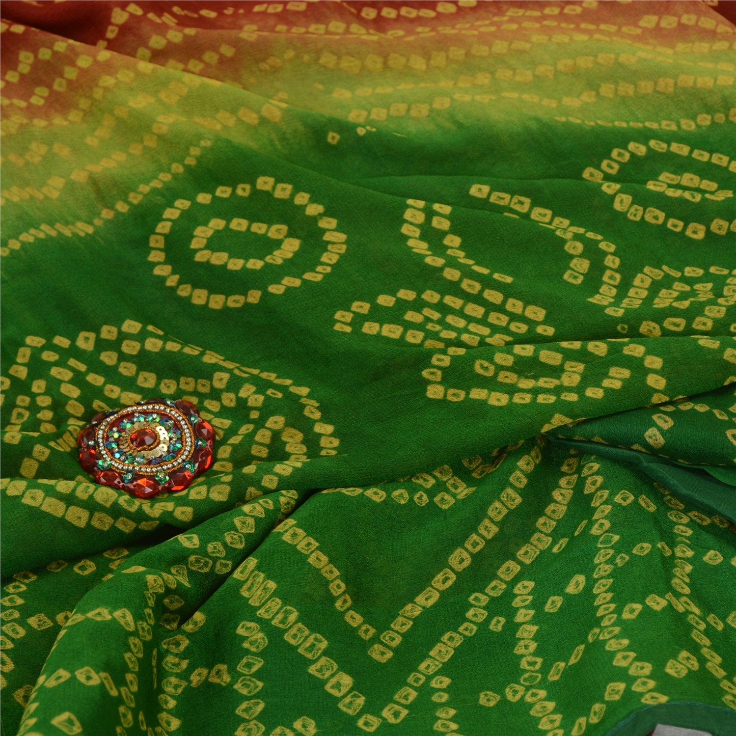 Sanskriti Vintage Sarees RedGreen Bandhani Print Pure Georgette Silk Sari Sustainable Fabric