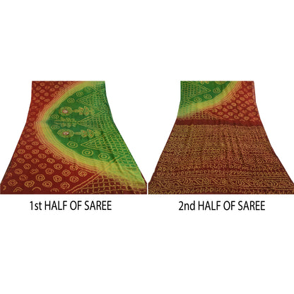 Sanskriti Vintage Sarees RedGreen Bandhani Print Pure Georgette Silk Sari Sustainable Fabric