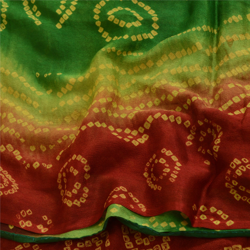 Sanskriti Vintage Sarees RedGreen Bandhani Print Pure Georgette Silke Sari Sustainable Stof