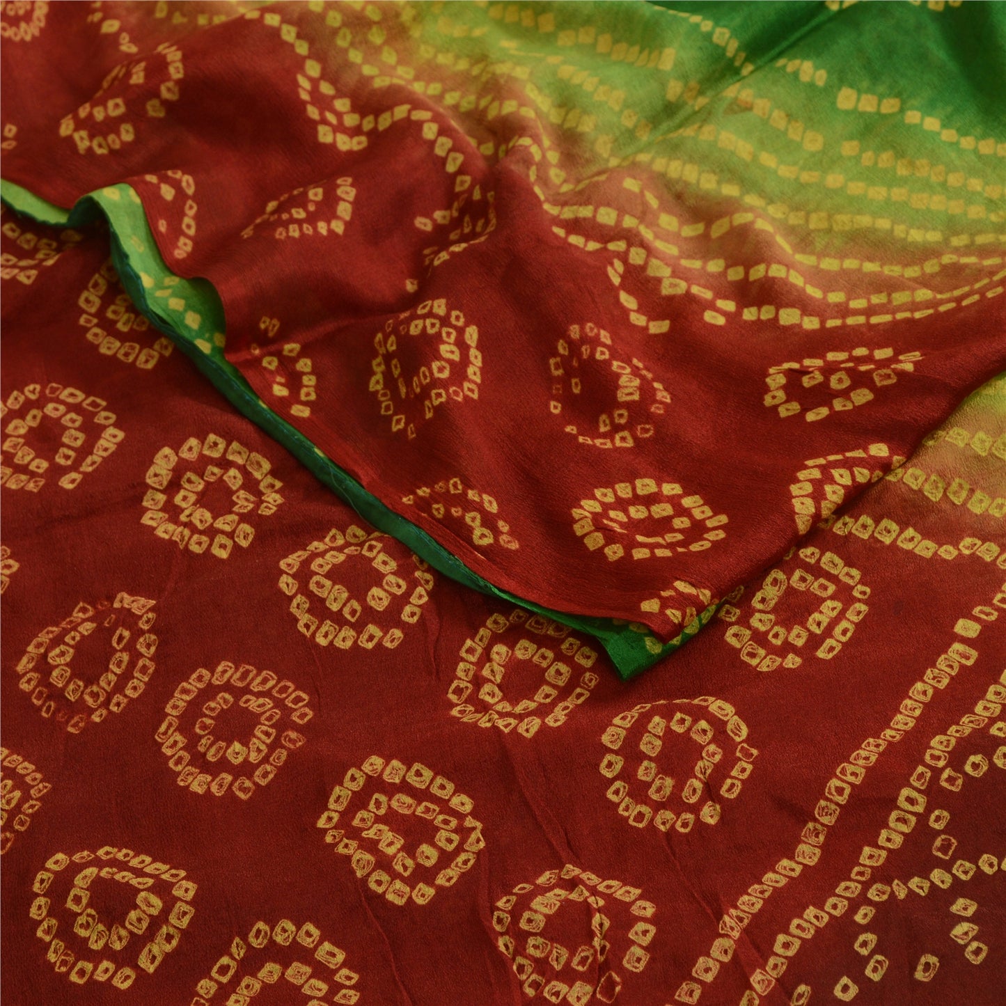 Sanskriti Vintage Sarees RedGreen Bandhani Print Pure Georgette Silk Sari Sustainable Fabric